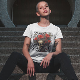 Schädel mit Rose im Freien in Vintagen Blätter T-Shirt
