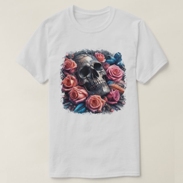 Schädel mit Rose und Bluebird T-Shirt (Design vorne)