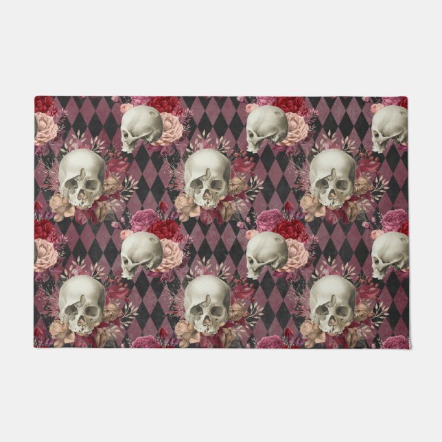 Schädel mit Rosen und rosa lila Checkered Fußmatte (Vorderseite)
