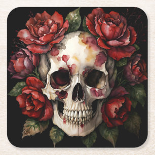 Schädel mit Rote Rosen Rechteckiger Pappuntersetzer