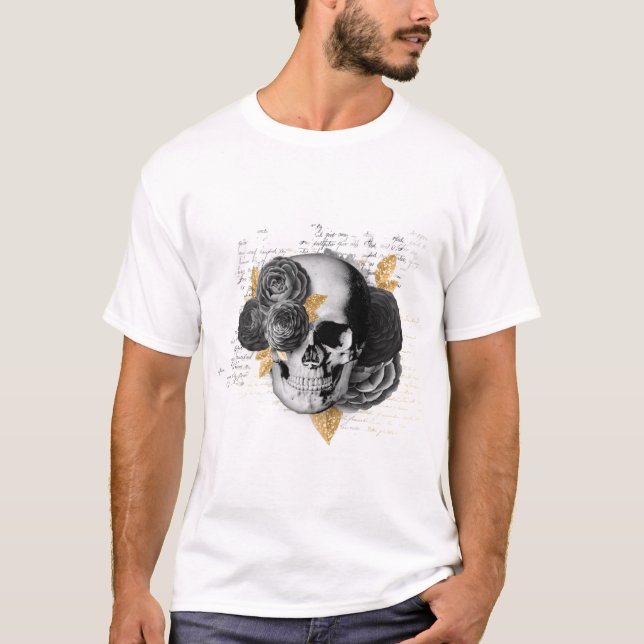 Schädel mit schwarzen Blume und goldenen Blätter G T-Shirt (Vorderseite)