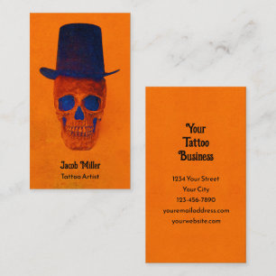 Schädel mit Top Hat Burnt Orange Blue Tattoo Artis Visitenkarte