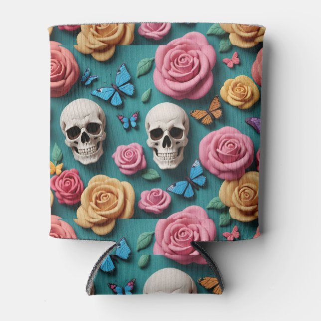 Schädel Rose und Schmetterlinge Aquamarin Dosenkühler (Vorderseite)