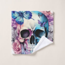 Schädel, Rose und Schmetterlinge Waschlappen