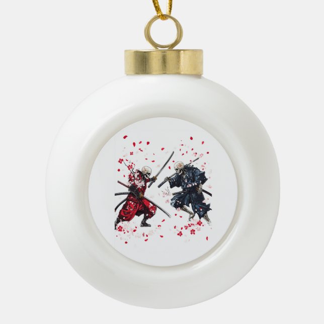 Schädel-Samurai-Duell Keramik Kugel-Ornament (Vorderseite)