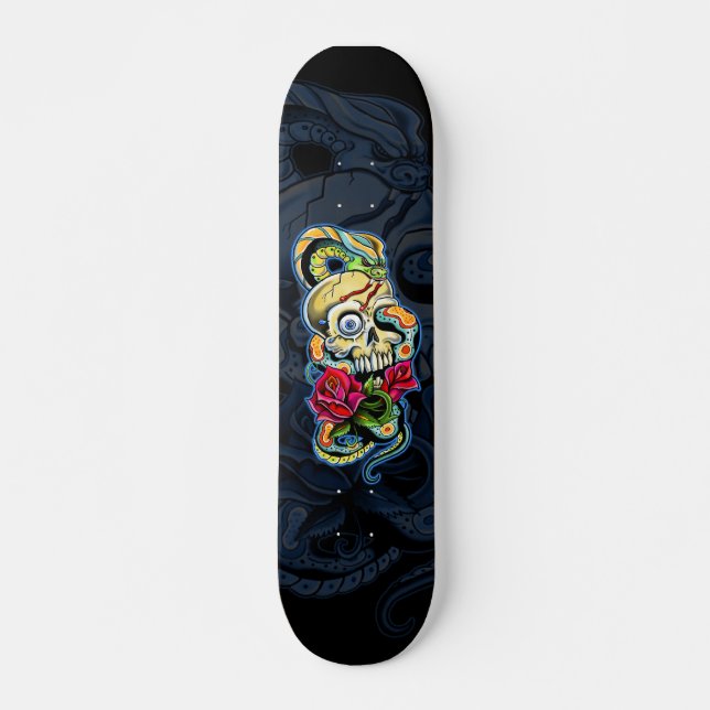 Schädel-Schlangen-Rosen-Entwurf Skateboard (Vorne)