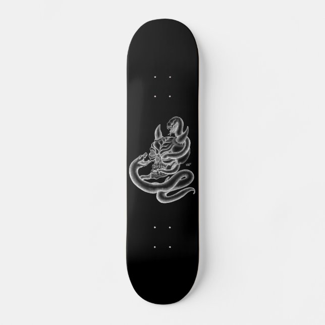 Schädel - Teufelsköpfe mit Schlange Skateboard (Vorderseite)