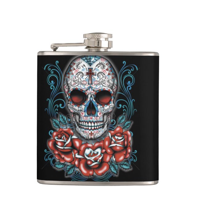 Schädel u. Rosen-Vinyl eingewickelte Flasche Flachmann (Vorderseite)