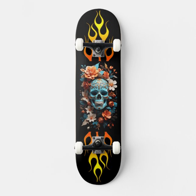 Schädel und Blume, Feuer, Geschwindigkeit, Skatebo Skateboard (Vorderseite)