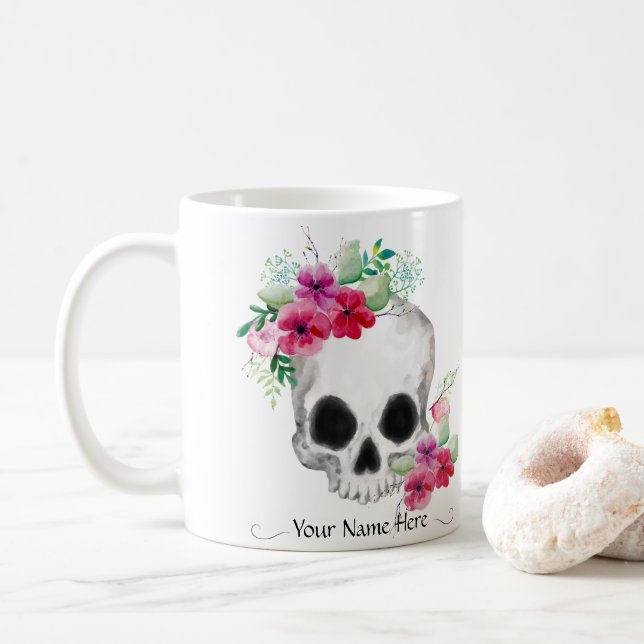 Schädel und Blume Kaffeetasse (Mit Donut)