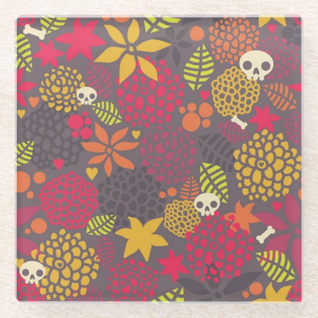 Schädel und Blumen Glasuntersetzer (Vorderseite)