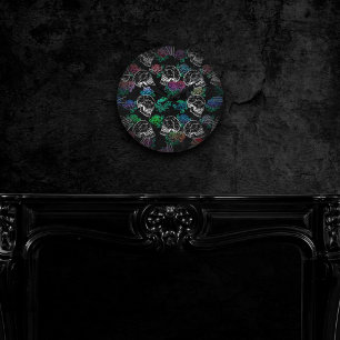 Schädel und dunkle Rose   Funky Glam Ombre Grunge Runde Wanduhr