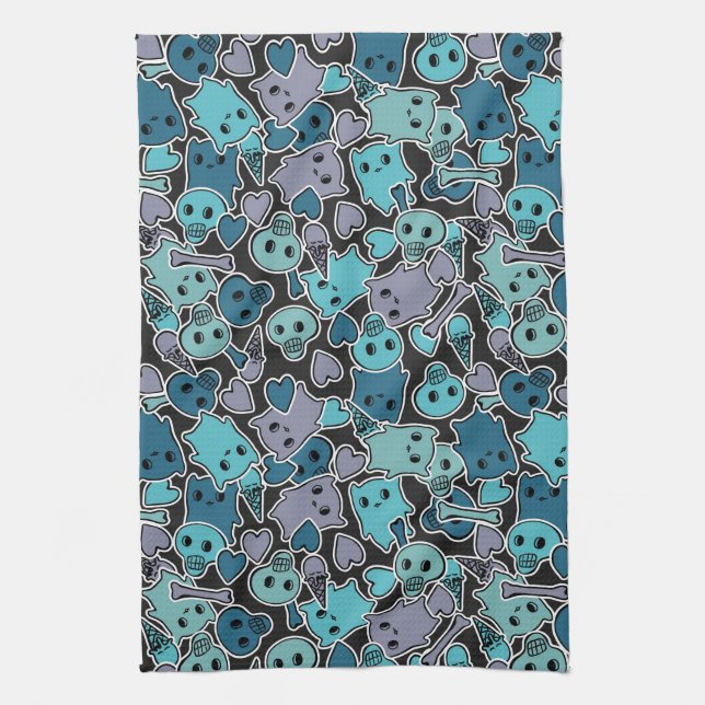 Schädel und Herzen auf schwarzem Hintergrund 2 Handtuch (Vertikal)