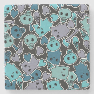 Schädel und Herzen auf schwarzem Hintergrund 2 Steinuntersetzer