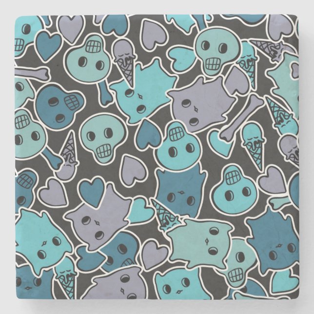 Schädel und Herzen auf schwarzem Hintergrund 2 Steinuntersetzer (Vorderseite)