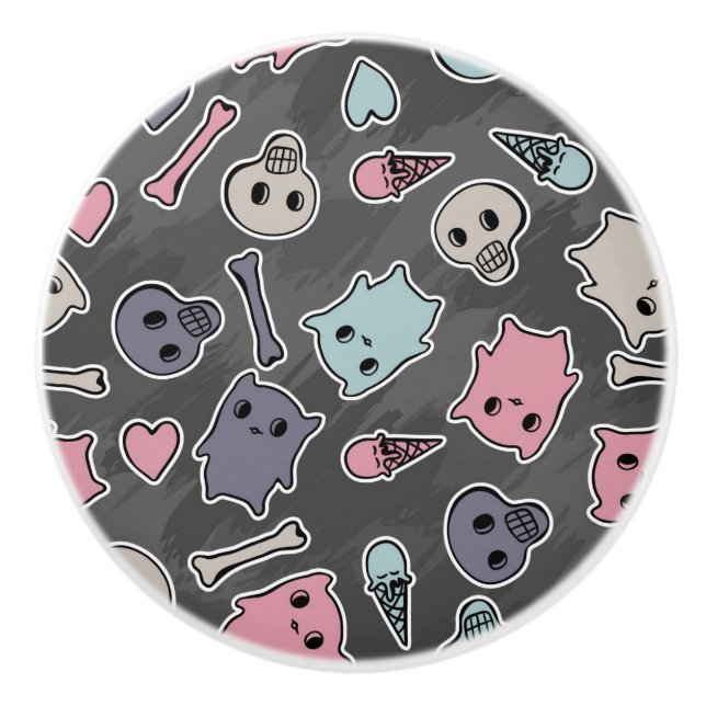 Schädel und Herzen auf schwarzem Hintergrund Keramikknauf (Vorderseite)