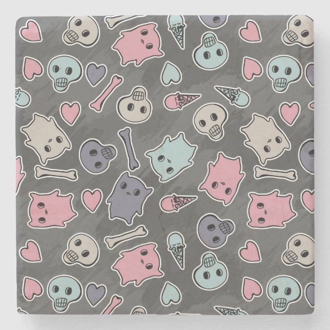 Schädel und Herzen auf schwarzem Hintergrund Steinuntersetzer (Vorderseite)