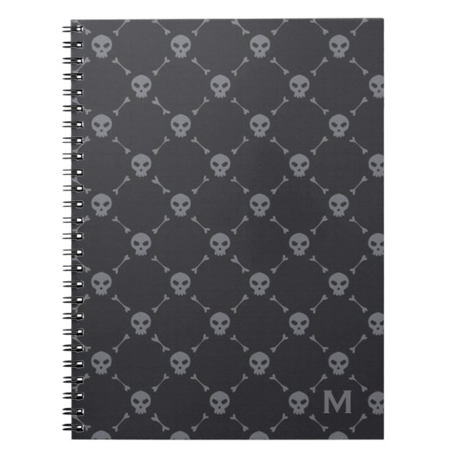 Schädel und Knochen im Karomuster Grau Monogramm Notizblock (Vorderseite)