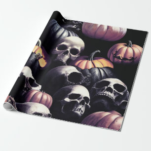 Schädel und Kürbis, Halloween-Thema, dunkle Farbe Geschenkpapier