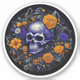 Schädel und orangefarbene Blumen AI-Kunst Aufkleber