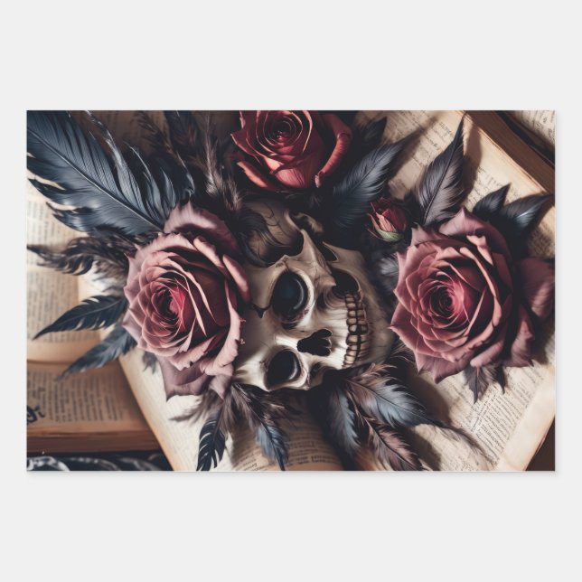 Schädel und Rose Geschenkpapier Set (Vorderseite)