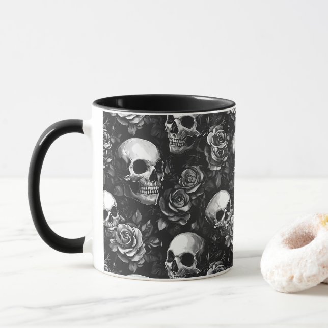 Schädel und Rose schwarz Tasse (Mit Donut)
