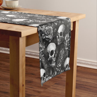 Schädel und Rose Schwarzes Halloween Kurzer Tischläufer