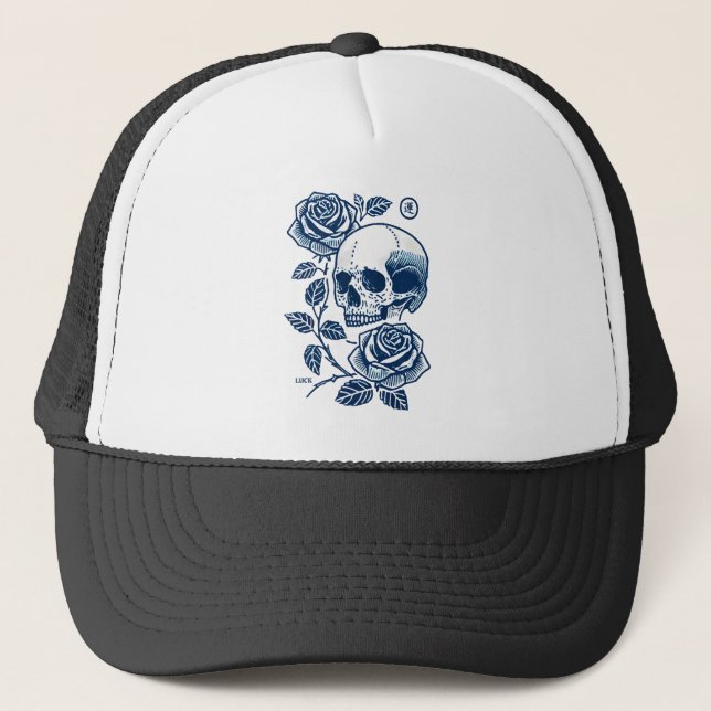 Schädel und Rose Truckerkappe (Vorderseite)