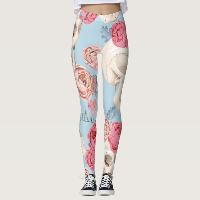 Schädel und Rose Vintages Muster Leggings (Vorderseite)