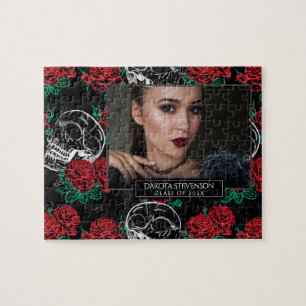 Schädel und Rote Rosen Glam Goth Abschluss Foto Puzzle