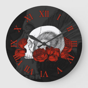 Schädel und Rote Rosen Große Wanduhr