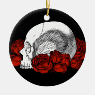 Schädel und Rote Rosen Keramikornament