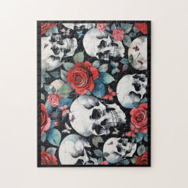 Schädel und Rote Rosen mit Schmetterlingen Puzzle
