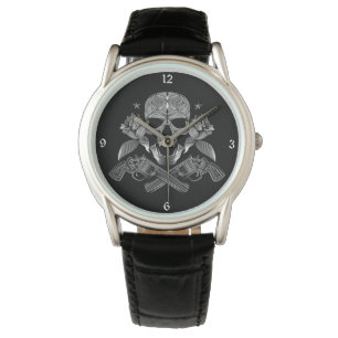 Schädel und Sterne mit Rose und Geschossen Armbanduhr