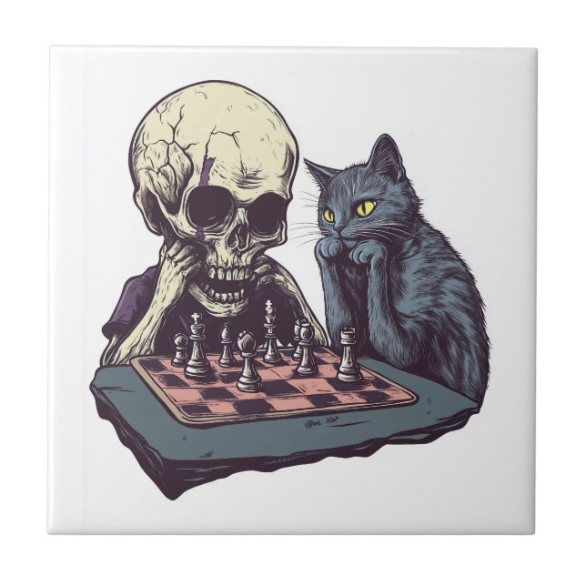 Schädel vs Katze � Lustiger Schachkampf Fliese (Vorderseite)