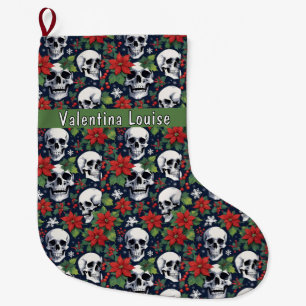 Schädel-Weihnachten mit Poinsettien und Schneefloc Großer Weihnachtsstrumpf