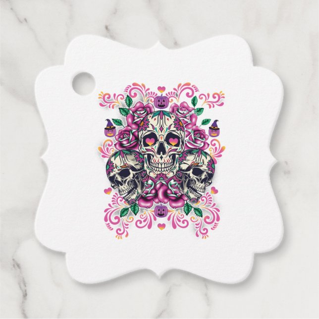 Schädelblume, Skelett Aquarellfarbe Rosa, Hallowee Geschenkanhänger (Vorderseite)