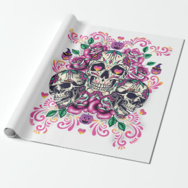 Schädelblume, Skelett Aquarellfarbe Rosa, Hallowee Geschenkpapier