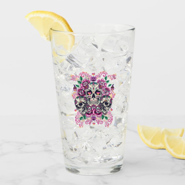 Schädelblume, Skelett Aquarellfarbe Rosa, Hallowee Glas (Vorderseite Ice)