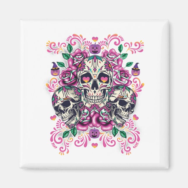 Schädelblume, Skelett Aquarellfarbe Rosa, Hallowee Magnet (Vorne)