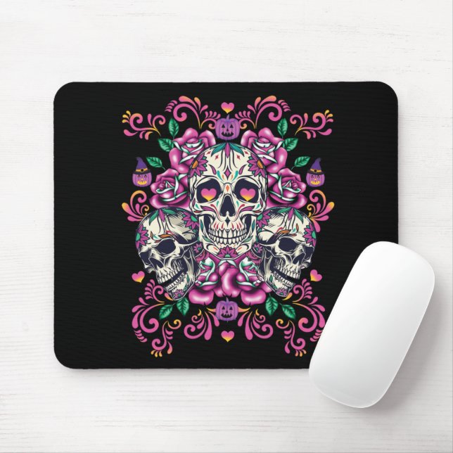 Schädelblume, Skelett Aquarellfarbe Rosa, Hallowee Mousepad (Mit Mouse)