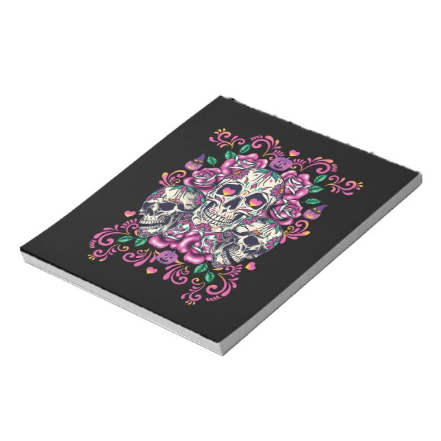 Schädelblume, Skelett Aquarellfarbe Rosa, Hallowee Notizblock (Rotiert)