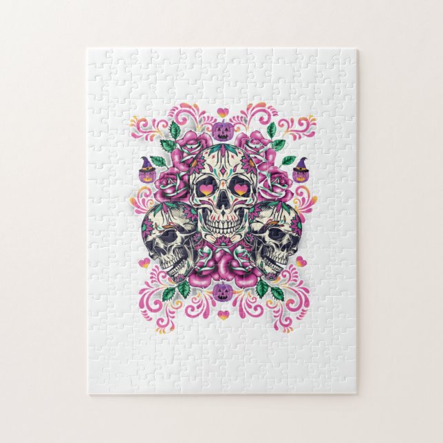 Schädelblume, Skelett Aquarellfarbe Rosa, Hallowee Puzzle (Vertikal)
