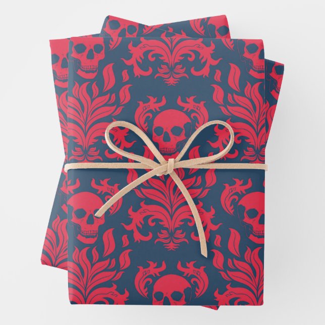 Schädelflammdamaske in rot auf blau geschenkpapier set (Beispiel)