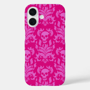 Schädelflammdamast in Bubblegum rosa auf heiß rosa iPhone 16 Hülle