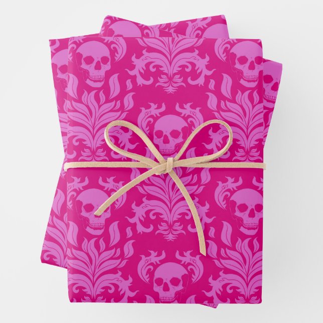 Schädelflammdamast in Bubblegum rosa auf heiß rosa Geschenkpapier Set (Beispiel)