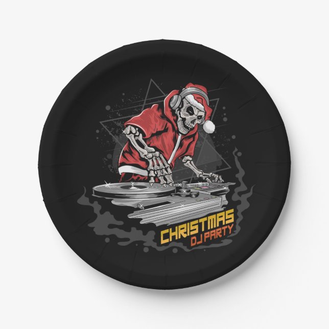 Schädelsanta-Claus mit Weihnachtsjacke und Hut auf Pappteller (Vorderseite)