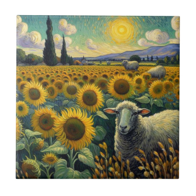 Schaf im Sonnenblumenfeld Van Gogh Fliese (Vorderseite)