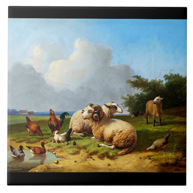 Schaf-Weiden-Vintage Enten-Huhn-Bauernhof-Fliese Fliese (Vorderseite)