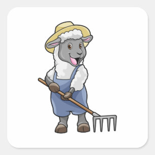 Schafe als Bauer mit Rake & Hat Quadratischer Aufkleber